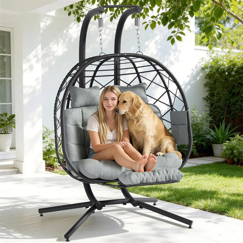Cozy Double Hanging Egg Chair For Two With Adjustable Footrest And Stand, Indoor Outdoor Wicker Swing With Cushions, Grey, garden view