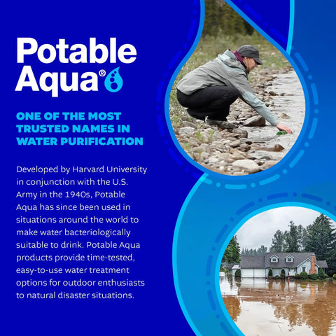 Potable Aqua poster highlighting water purification efficiency for camping, travel, and emergencies.
