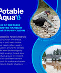 Potable Aqua water purification tablets advertisement with man gathering water near river and flood scene, emphasizing survival usage.