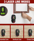 2-In-1 Laser Level With Magnetic Stud Finder used for hanging a frame, showing laser modes and bubble vials