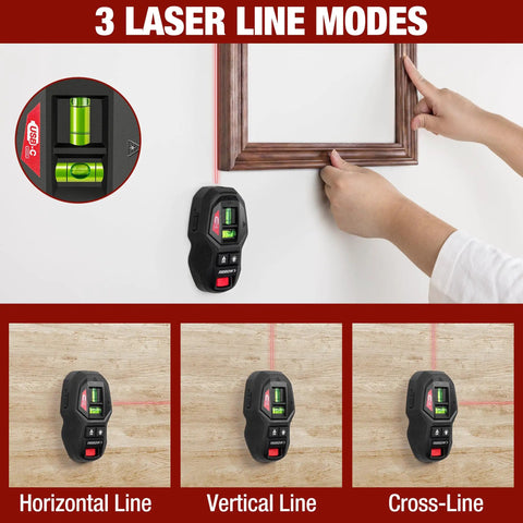 2-In-1 Laser Level With Magnetic Stud Finder used for hanging a frame, showing laser modes and bubble vials