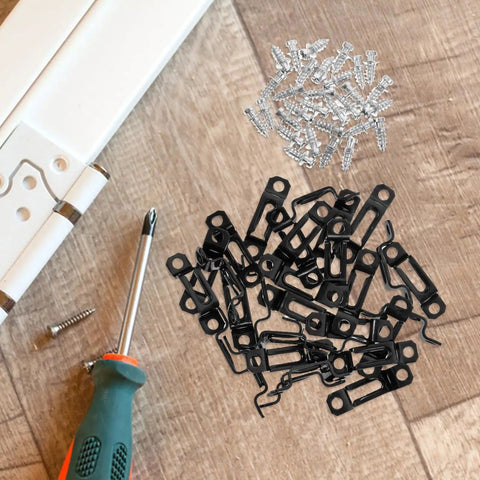 Rock Solid Heavy Duty 30 Piece Invisible Cabinet Connector Set Featuring 2 In 1 Iron Hidden Joint Fasteners on wooden surface.