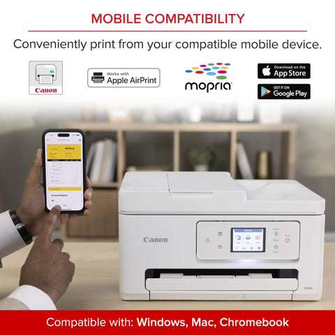 Straight Up Plug And Play All In One Printer For Home Office With Fast Print Copy Scan Built In Easy Setup And Reliable Wireless Inkjet That Handles Documents And Photos Like A Champ, shown with smartphone for mobile printing.