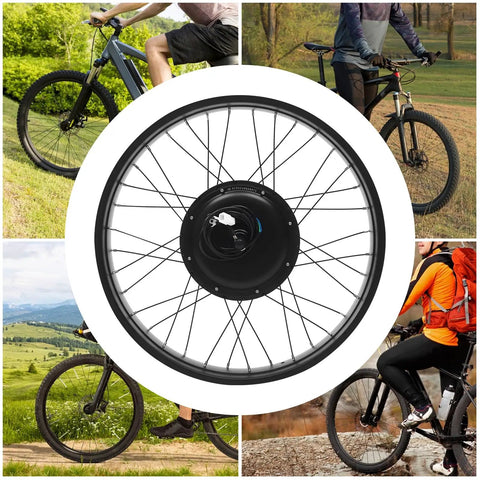 Powerful 1000W Front Wheel Electric Bike Conversion Kit with 48V Battery and 26-inch compatibility shown in various outdoor settings