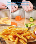Two-piece large stainless steel crinkle cutter set with ergonomic non-slip handles; vegetables and crinkle fries shown.