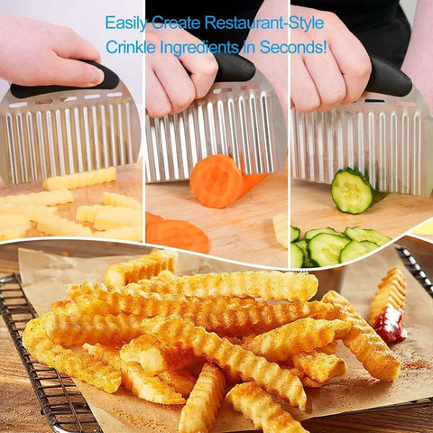 Two-piece large stainless steel crinkle cutter set with ergonomic non-slip handles; vegetables and crinkle fries shown.