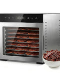 Solid Food Dehydrator With Eight Stainless Steel Trays For Fast Jerky And Fruit Drying offers clear view of dried beef jerky.