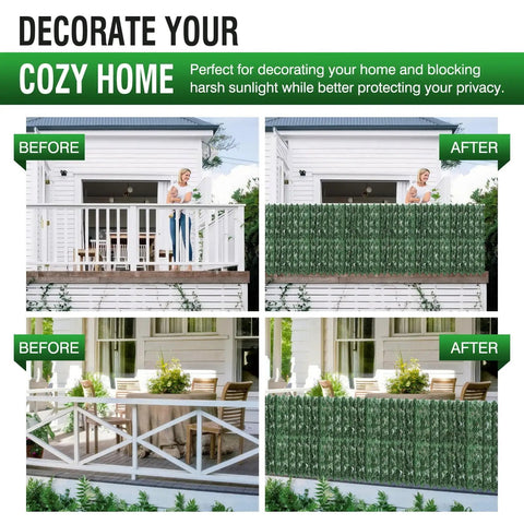 Dope Privacy Fence Screen Ivy Wall Backdrop 120x60 Inch with 18 mini hedge panels in before-and-after patio installation