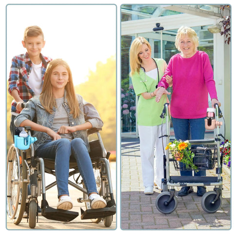 Universal Stroller Cup Holder With Phone Holder, Adjustable Drink Holder on wheelchair and walker in use outdoors.