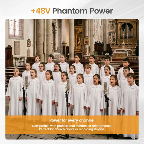 Choir singing with microphones demonstrating 8 Channel USB Audio Mixer With 24 Bit DSP, Bluetooth 5.0 Studio Sound Card