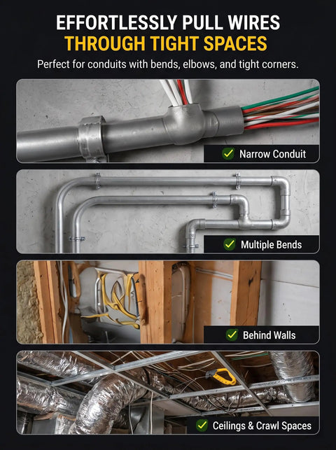 Heavy Duty Drill Powered Cable Pulling Tool Automatic Wire Fish Tape For Electricians Easy Threading In Pvc Metal Conduit Up To 0.3 Inch Residential Wiring Helper Effortless Power Extraction in various installation scenarios.
