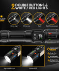 Beast Mode Brightness 100000 Lumen USB C Rechargeable Flashlight with LCD Display showing light modes and dual light sources.