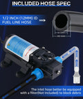 12V Electric Fuel Transfer Pump Kit With Hose for Gas and Diesel, highlighting 1/2 inch (12mm) ID fuel line hose