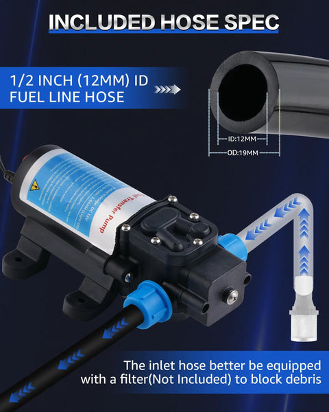 12V Electric Fuel Transfer Pump Kit With Hose for Gas and Diesel, highlighting 1/2 inch (12mm) ID fuel line hose