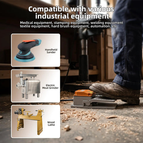 Workhorse Momentary Foot Pedal Switch With Six-Foot Cable And Piggyback Plug, IP65 Aluminum Cast Industrial Foot Controller, SPDT NO NC 15A 110-250V, Waterproof Foot Switch For Sander Meat Grinder Wood Lathe on workshop floor
