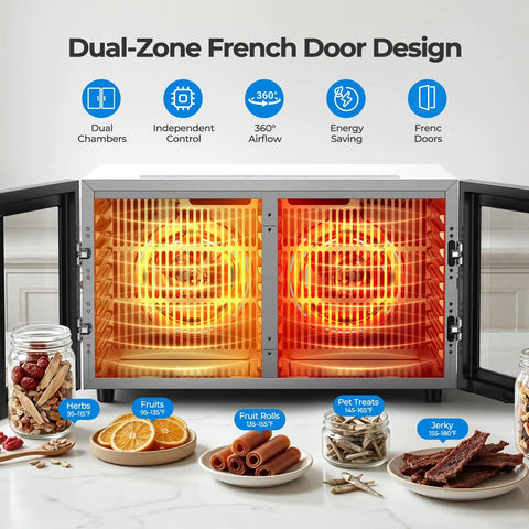 Built Different Dual Zone Food Dehydrator With 20 Spacious Trays And 1300 Watts showcases dual chambers for versatile drying.
