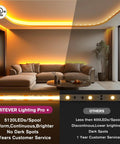 Living room with Warm White Cob LED Strip Light 2700K 10m Ultra Dense 5120 LEDs, seamless lighting display.