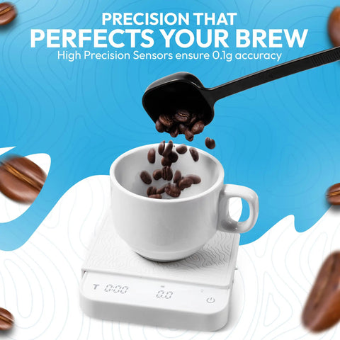 Spoon dropping coffee beans into white mug on Mini Coffee Scale With Timer For Espresso And Pour Over Brew On The Go Digital Barista