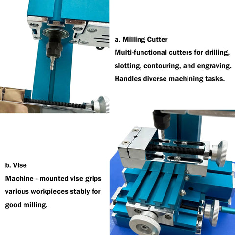 Milling cutter and vise details of Badass Mini Metal Milling And Drilling Machine Combined With A Solid Benchtop Wood Lathe Setup.