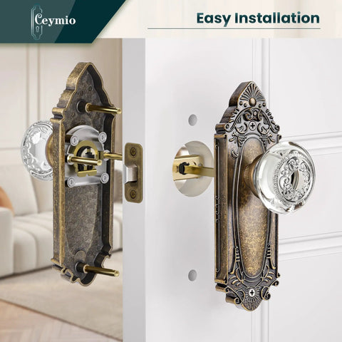Crystal Door Knob Set With Antique Brass Base Vintage Passage Glass Door Handles For Bedroom Bathroom Hallway And Closet Durable Solid Metal Hardware Kit Easy Install With Adjustable Backset shown installed on a white door