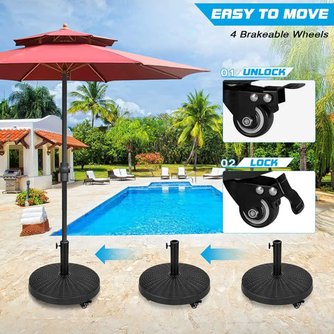 Beefy 52 Pound Heavy Duty Umbrella Base With Brakeable Wheels For Outdoor Use Fits Market Umbrellas Poolside Black