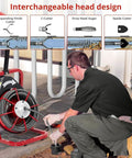 Electric Drain Auger With 30 Meter Steel Cable Drain Snake 250W Motor showing interchangeable head design for plumbing.