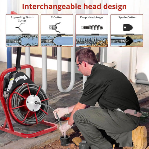 Electric Drain Auger With 30 Meter Steel Cable Drain Snake 250W Motor showing interchangeable head design for plumbing.