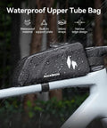 Close-up of a waterproof top tube bike frame bag with seamless one-piece construction and support plates on a white bike.
