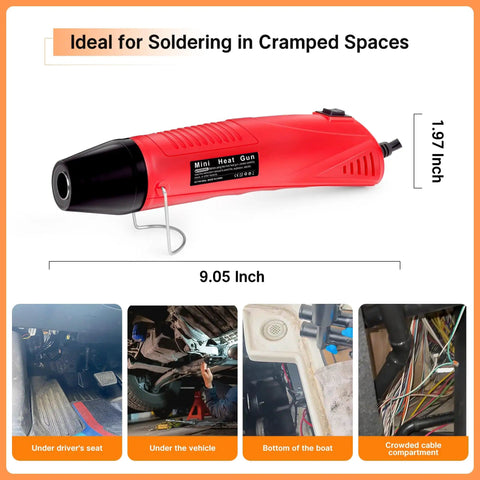 All-In-One Compact Heat Shrink Gun Kit With 820 Solder Seal Connectors And Heat Shrink Tubing, Waterproof Wire Repair Bundle; red mini heat gun with dimensions