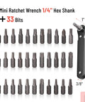 Top Shelf Mini Ratchet Set, 34 Piece Cr-V Steel Kit With Security Bits And Right Angle Screwdriver Adapter, 1/4 Inch Drive Torx Plus Phillips Slotted Wrench For Tight Spots In Red Box showing 1/4" ratchet wrench and 33 bits.