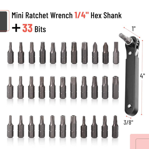 Top Shelf Mini Ratchet Set, 34 Piece Cr-V Steel Kit With Security Bits And Right Angle Screwdriver Adapter, 1/4 Inch Drive Torx Plus Phillips Slotted Wrench For Tight Spots In Red Box showing 1/4" ratchet wrench and 33 bits.