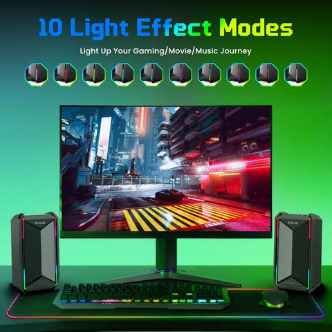 Beefy Desktop Computer Speakers For Music And Gaming, DC Powered 30W Peak, Bluetooth 5.3, RGB Lighting, shown on a desk setup
