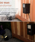 Outdoor 200 Watt Transformer With Photo Cell And Timer For Ponds And Fountains mounted on wooden panel