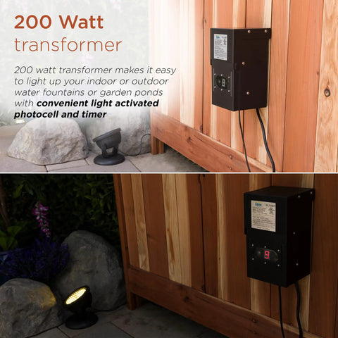 Outdoor 200 Watt Transformer With Photo Cell And Timer For Ponds And Fountains mounted on wooden panel