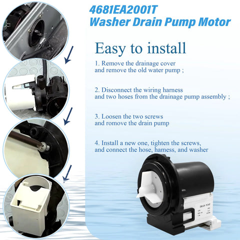 Washer drain pump motor 4681EA2001T with black housing and white impeller; compatible with Kenmore/LG washers