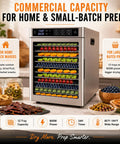 Big League 12 Tray Commercial Food Dehydrator Machine 800 Watts with dried fruits and jerky displayed alongside.