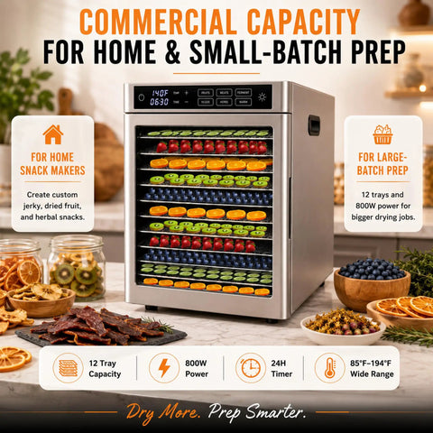 Big League 12 Tray Commercial Food Dehydrator Machine 800 Watts with dried fruits and jerky displayed alongside.