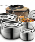Compact Stainless Steel Camping Cookware Set With Travel Tote Bag, 4 Piece Campfire Pots And Pans Kit for outdoor use