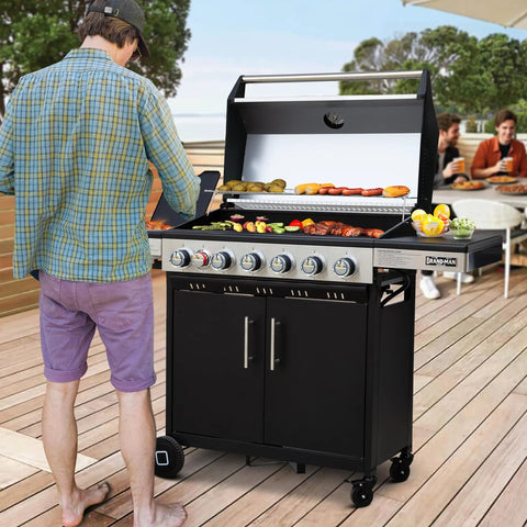 Man grilling on Six Burner Propane Gas Grill With Infrared Sear Side Burner And Diamond Pattern Cast Iron Grates And Griddle Built In Storage Cabinet And Side Table The Ultimate Backyard Barbecue Station For Juicy Steaks And Big Grilling Sessions