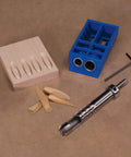 Badass Heavy Duty Custom Plug Cutting Bit For XL Pocket Hole Jigs Rock Solid Woodworking Joinery Tool Kpc1060 Replacement Drill Bit and accessories on table.