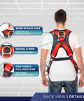 Back view of 5 Point Fall Protection Harness With Quick Connect Buckle And 3D Ring, Grommet Leg Straps, Sewn In Back Pad