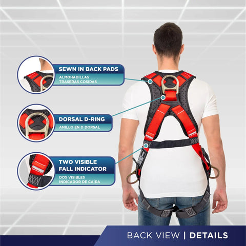 Back view of 5 Point Fall Protection Harness With Quick Connect Buckle And 3D Ring, Grommet Leg Straps, Sewn In Back Pad