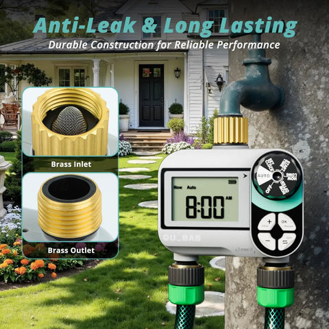 Brass Sprinkler Timer With Waterproof LCD Screen, Programmable Hose Watering System, 2 Zone, 3/4 Inch Thread, Garden Setup