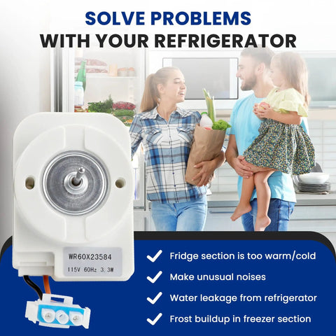 Replacement Refrigerator Evaporator Fan Motor For Common Refrigerator Models Replaces WR60X31522 And WR60X23584 PS12741350 AP6977246 4959523 SM10141 1 Year Warranty By Fetechmate shown with usage benefits.