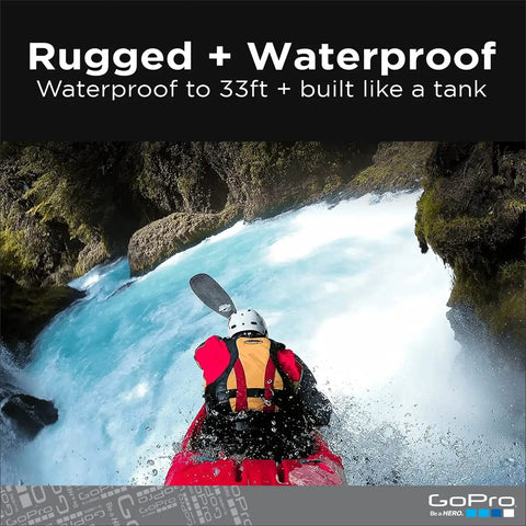 A kayaker using a Waterproof Action Camera With Front LCD And Rear Touch Screens, 5K Ultra HD Video in rugged, watery environment.