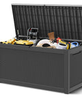 320 Gallon Outdoor Storage Box Resin Deck Box Waterproof For Patio Furniture Garden Tools And Pool Supplies Lockable And UV Resistant Rattan Black Heavy Duty Finish showing open lid with tools and supplies