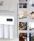 Images showing installation and use of RO water filtration system with quick connect adapter for purifiers and dispensers