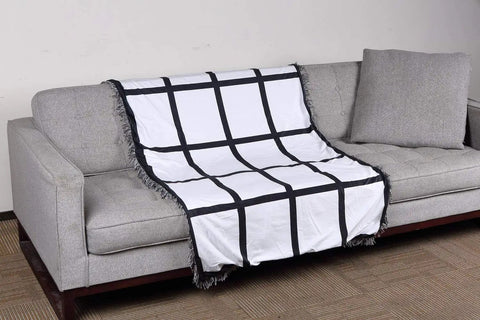 Two Pack 40 By 60 Inch Sublimation Blankets For Heat Press Baby Printed Throw 100 Percent Polyester Personalized Sublimation Photo With 20 Panels Ultra Soft Durable Machine Washable on grey sofa