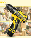 12V Cordless Drill With Rechargeable Battery And Fast Charger Three Eighth Inch Keyless Chuck Lightweight Power Tool In Yellow, close-up view showing keyless chuck.