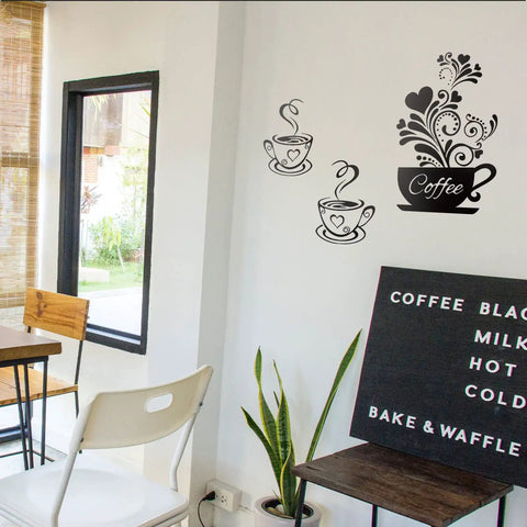 Four Piece Coffee Kitchen Wall Decal Set Removable Vinyl Wall Art Black Coffee Cup Designs For Home Cafe Shop Pub Decor DIY Sticker